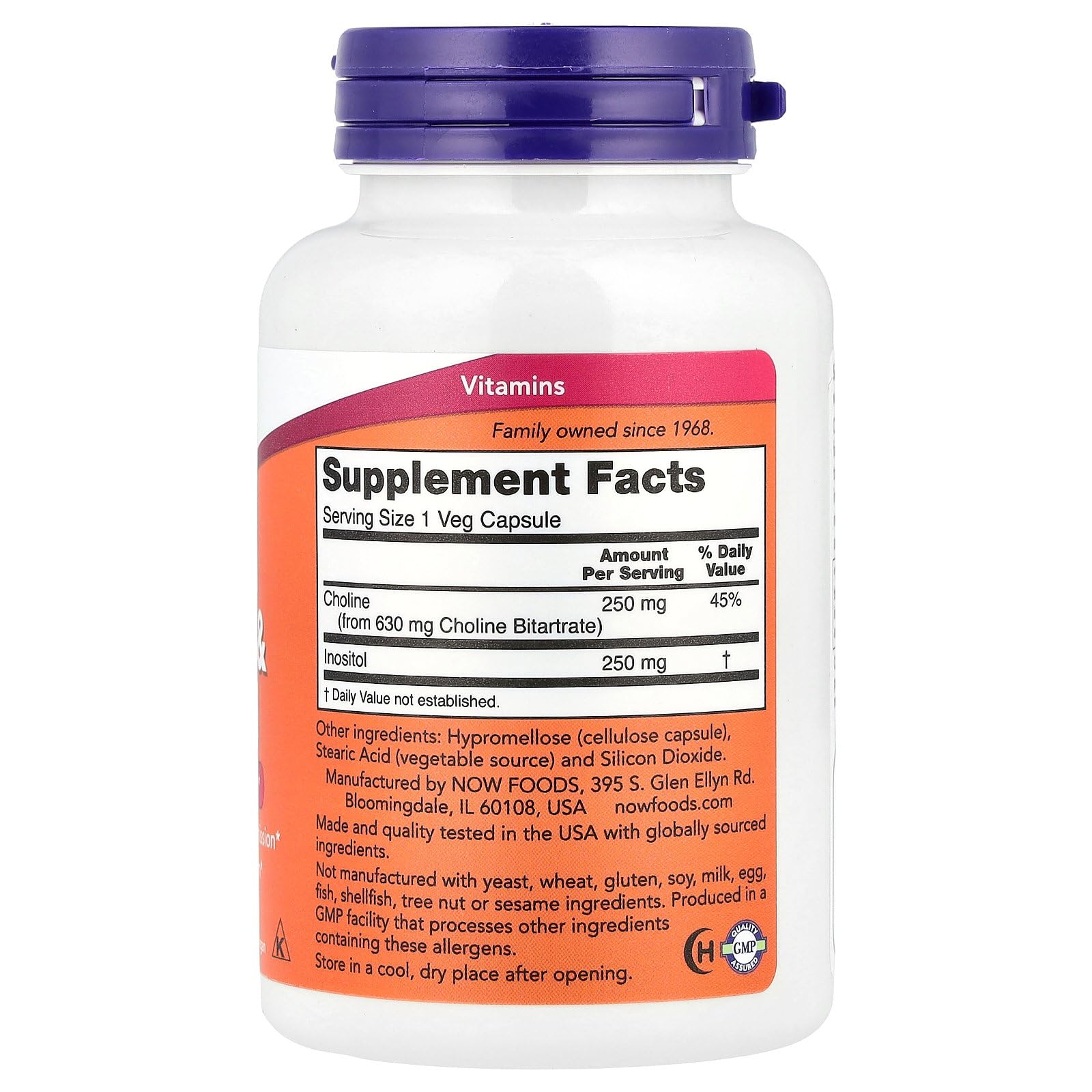 Now Foods Choline and Inositol supplement bottle label details