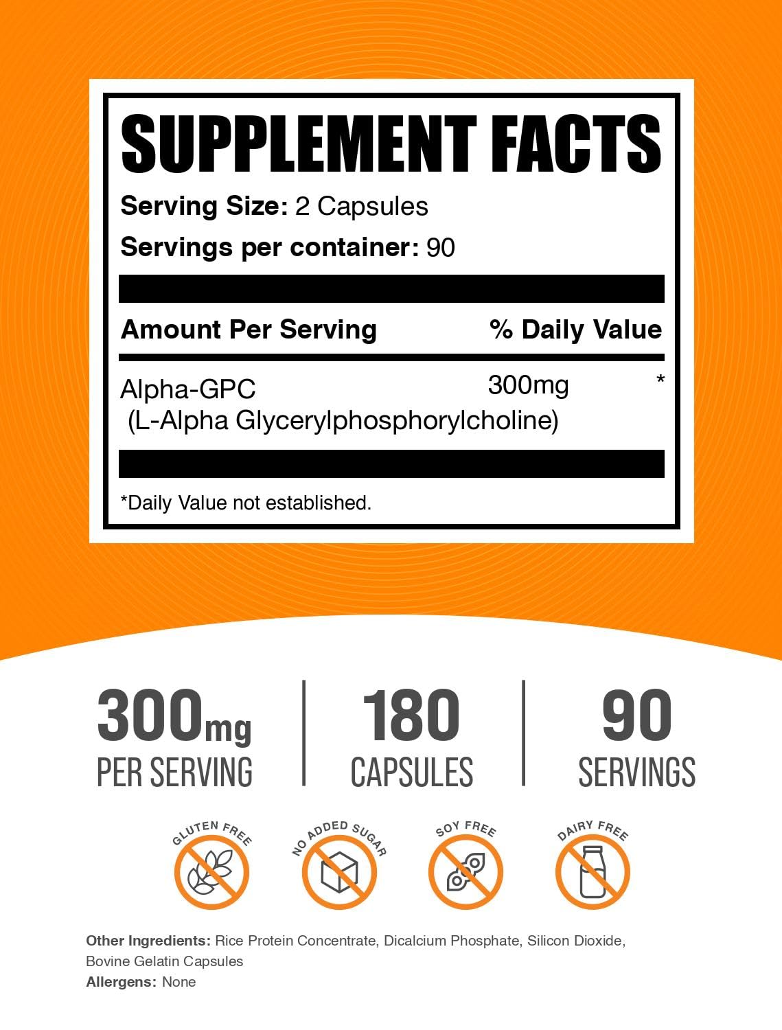 BulkSupplements Alpha GPC 180 capsules supplement facts label