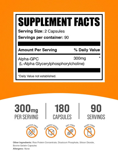BulkSupplements Alpha GPC 180 capsules supplement facts label