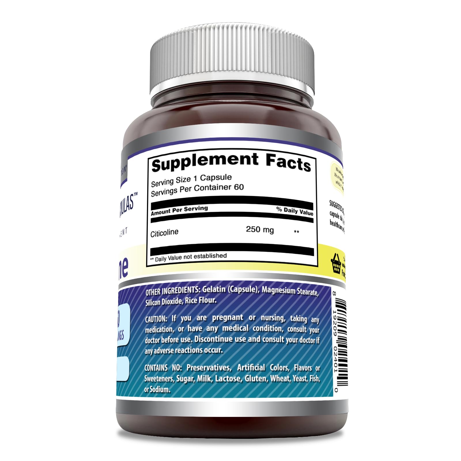 Label details of Amazing Formulas Citicoline 250mg imported dietary supplement