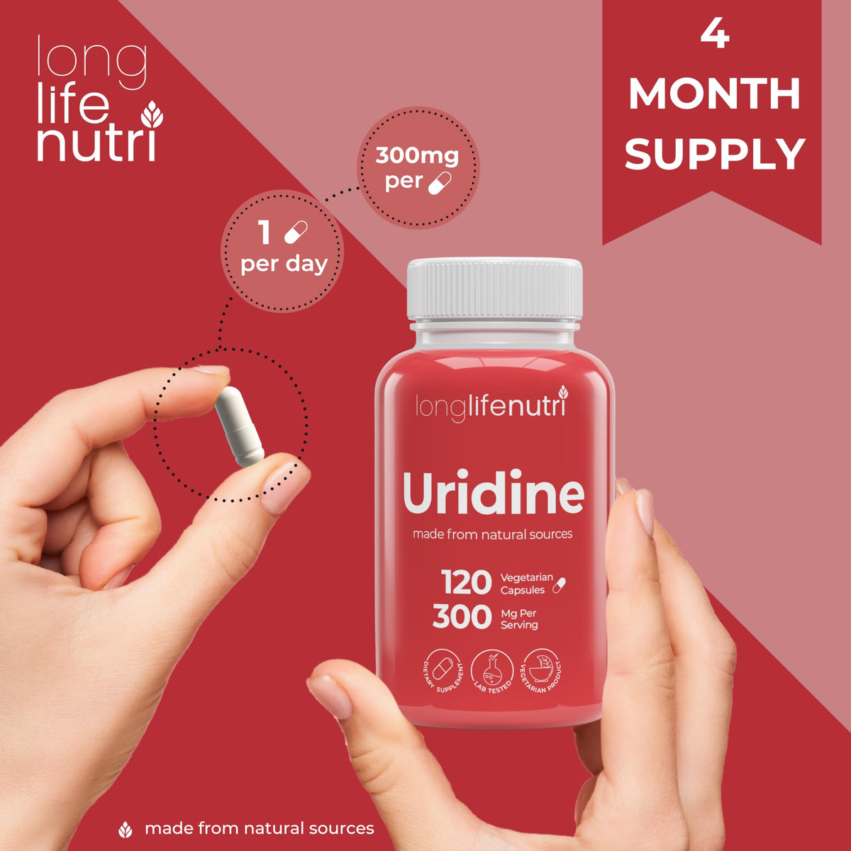 LongLifeNutri Uridine Monophosphate bottle with capsules
