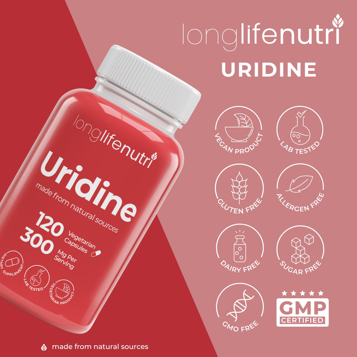 LongLifeNutri Uridine Monophosphate vegetarian capsules stack