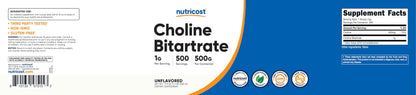 Nutricost choline bitartrate dietary supplement side panel information