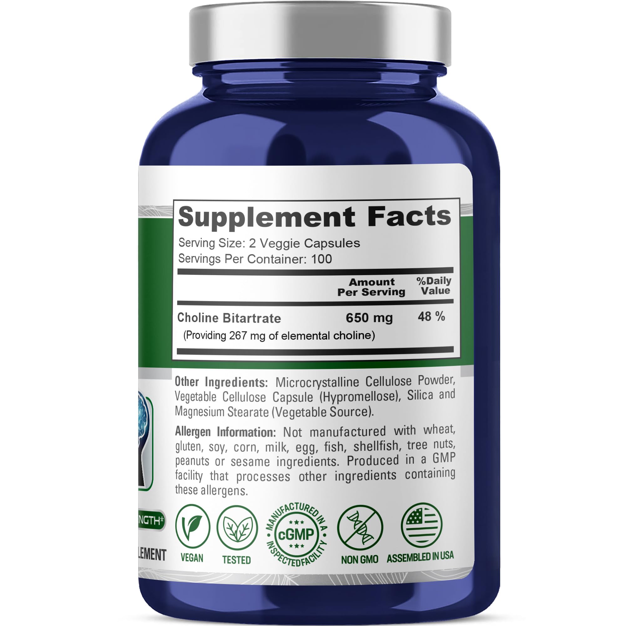 NusaPure Choline Bitartrate bottle back label showing ingredients