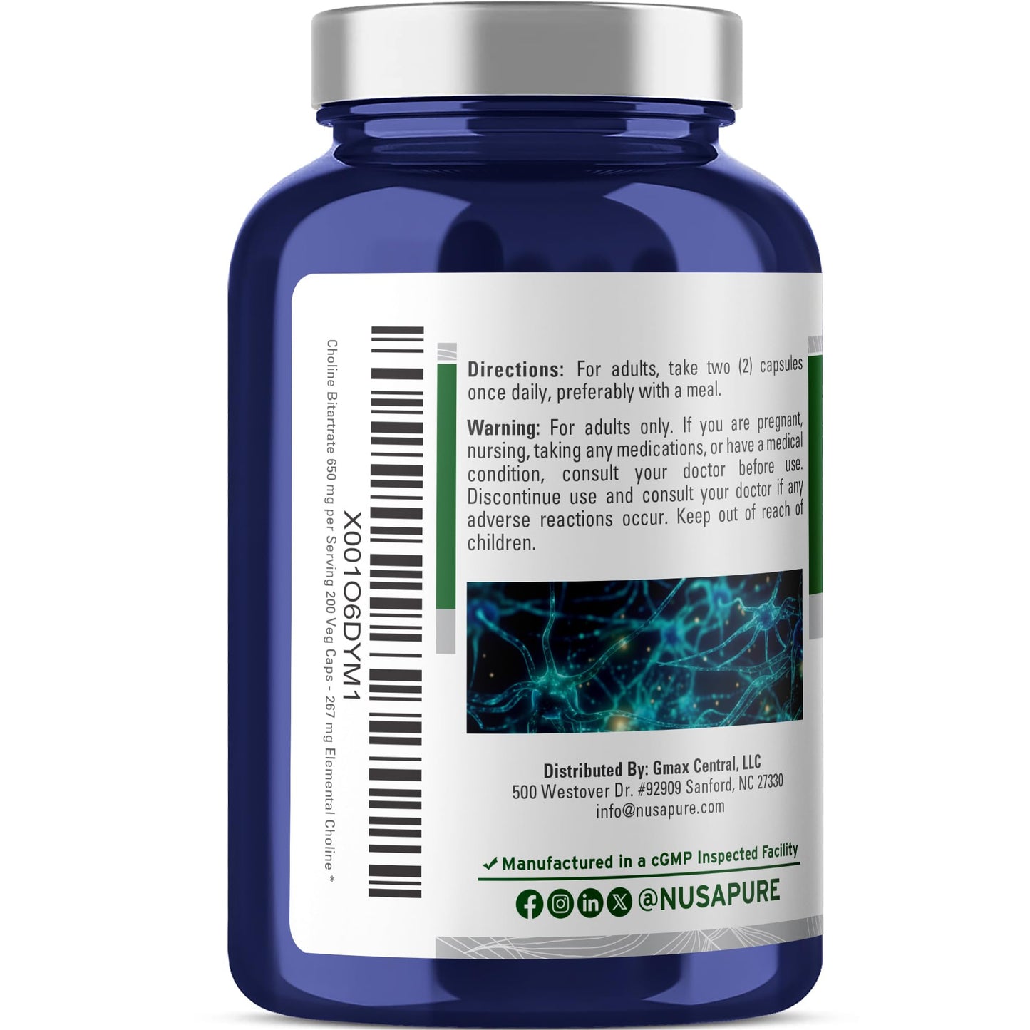 Close up of NusaPure Choline Bitartrate vegetarian capsules