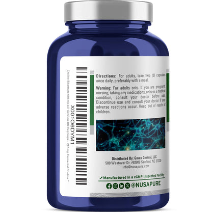 Close up of NusaPure Choline Bitartrate vegetarian capsules