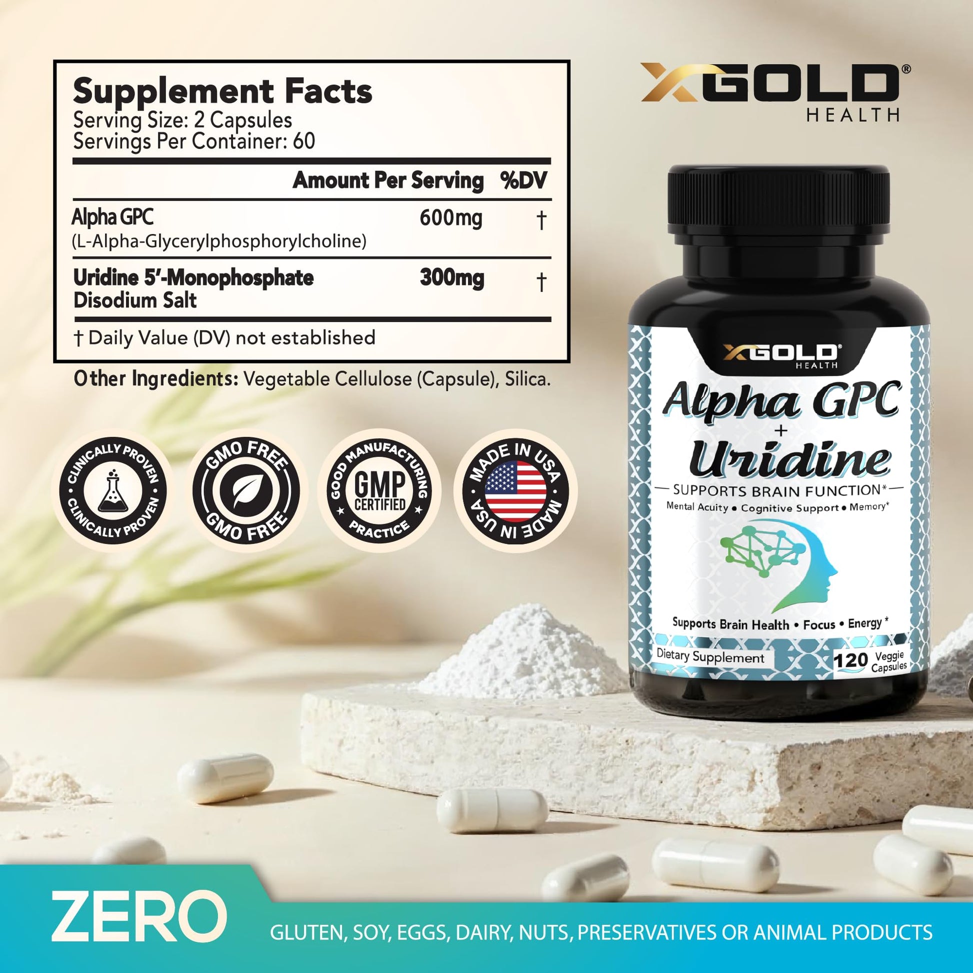 Close up of X Gold Health Alpha GPC Uridine supplement label details.