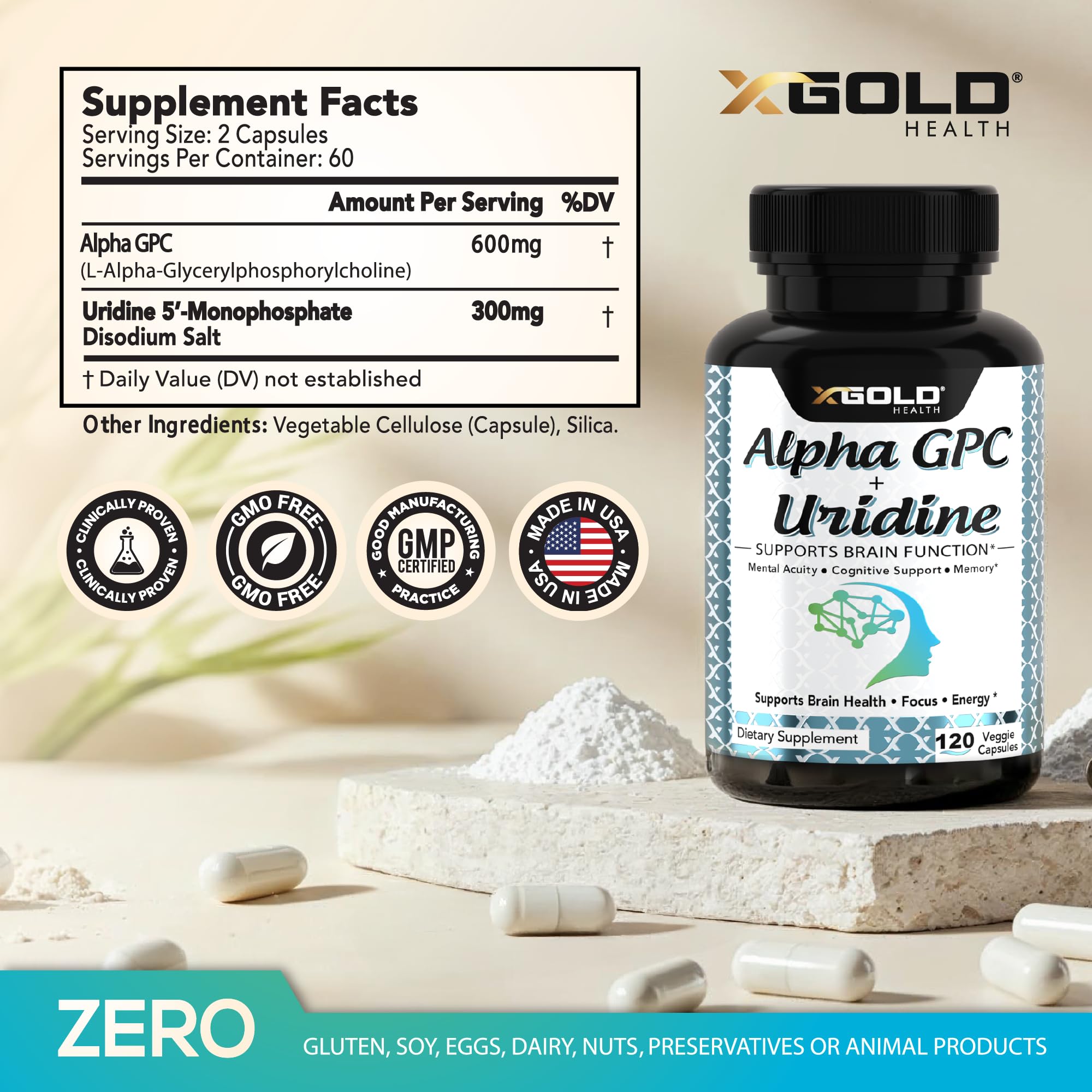 Close up of X Gold Health Alpha GPC Uridine supplement label details.