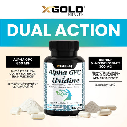 Side view of 120 capsule bottle X Gold Health nootropic.
