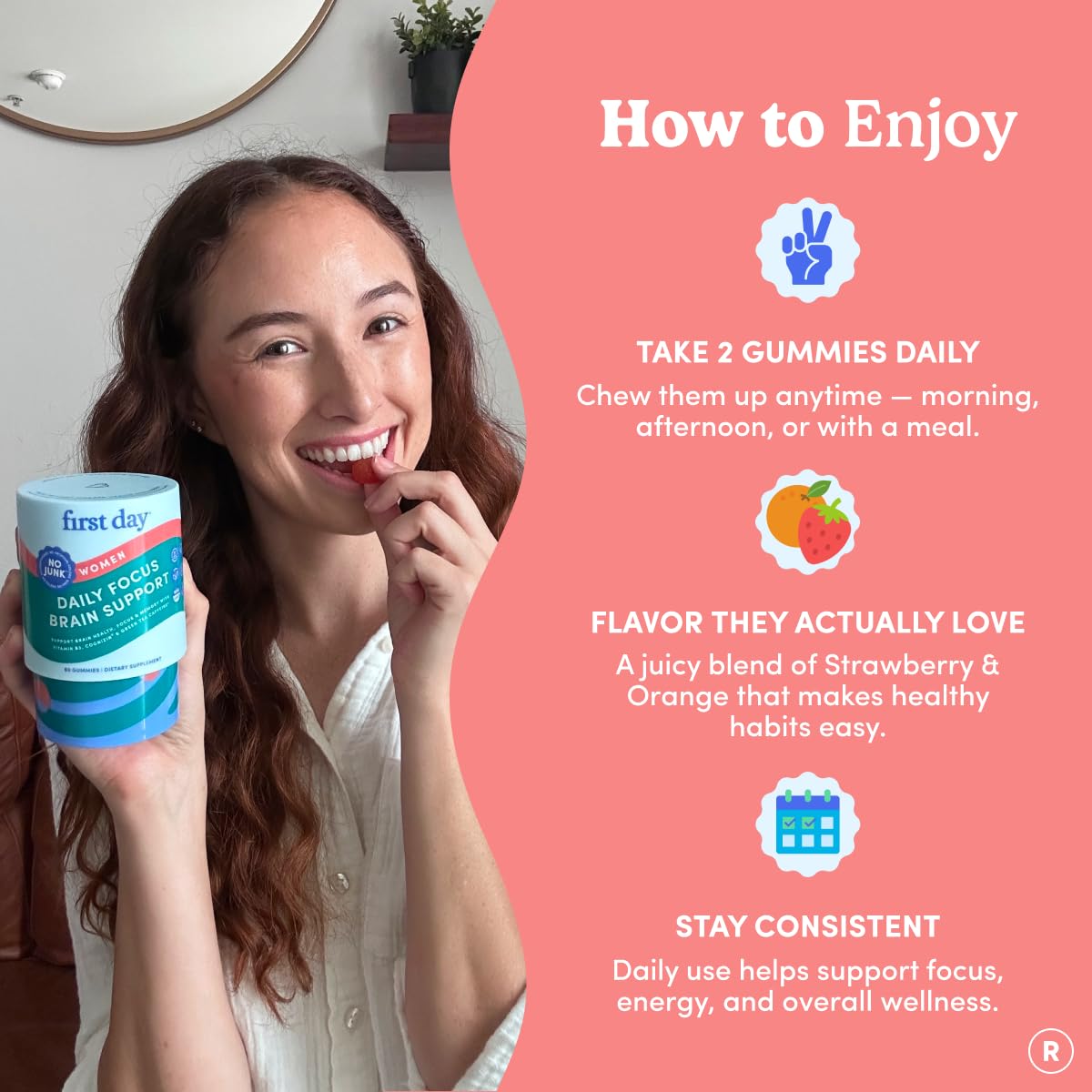 FIRST DAY women's daily focus brain support peach flavored gummies display