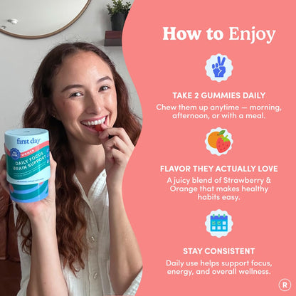 FIRST DAY women's daily focus brain support peach flavored gummies display