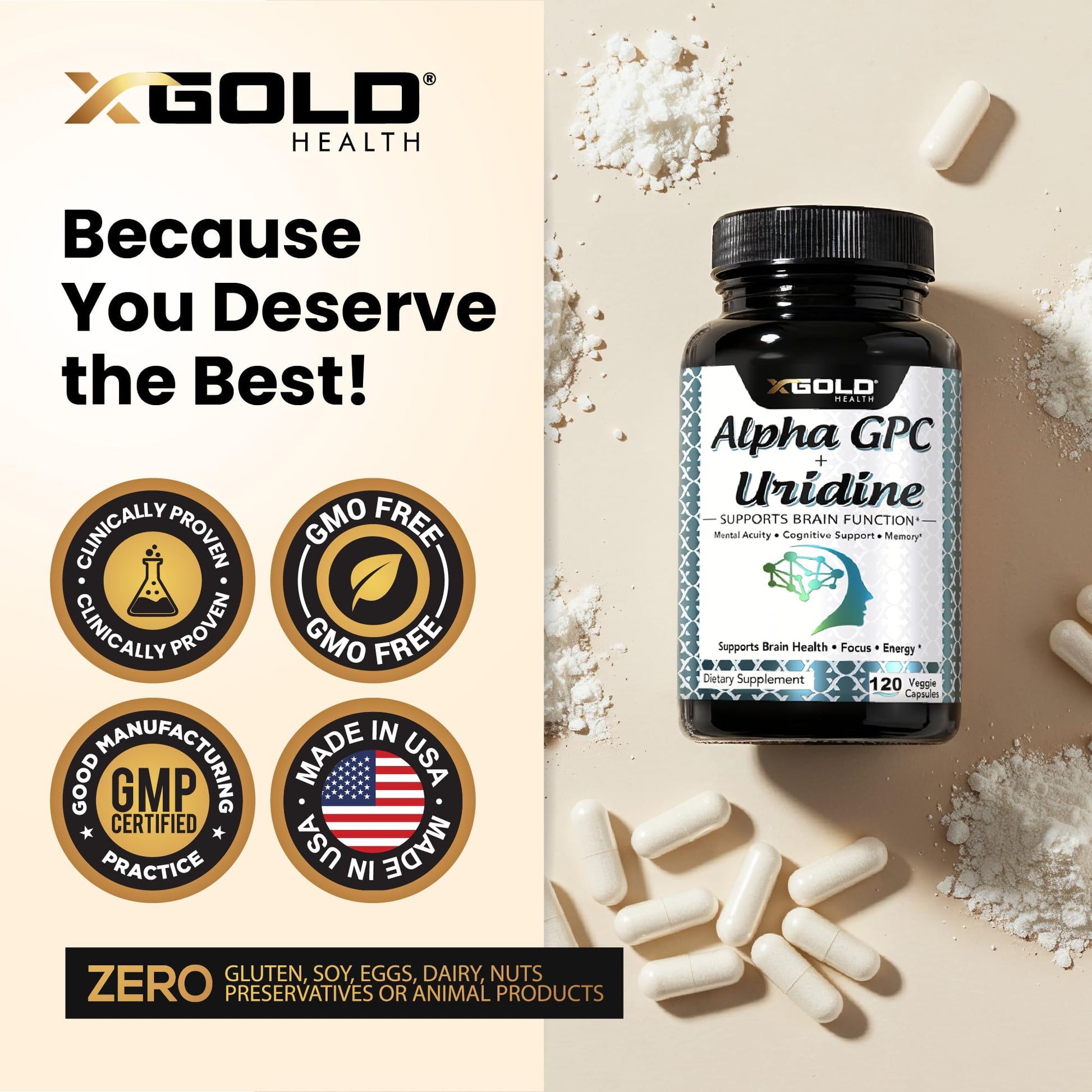 Top view of X Gold Health Alpha GPC Uridine packaging.