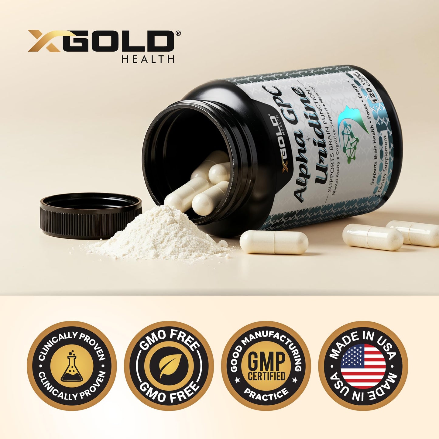 Authentic USA imported X Gold Health supplement bottle.