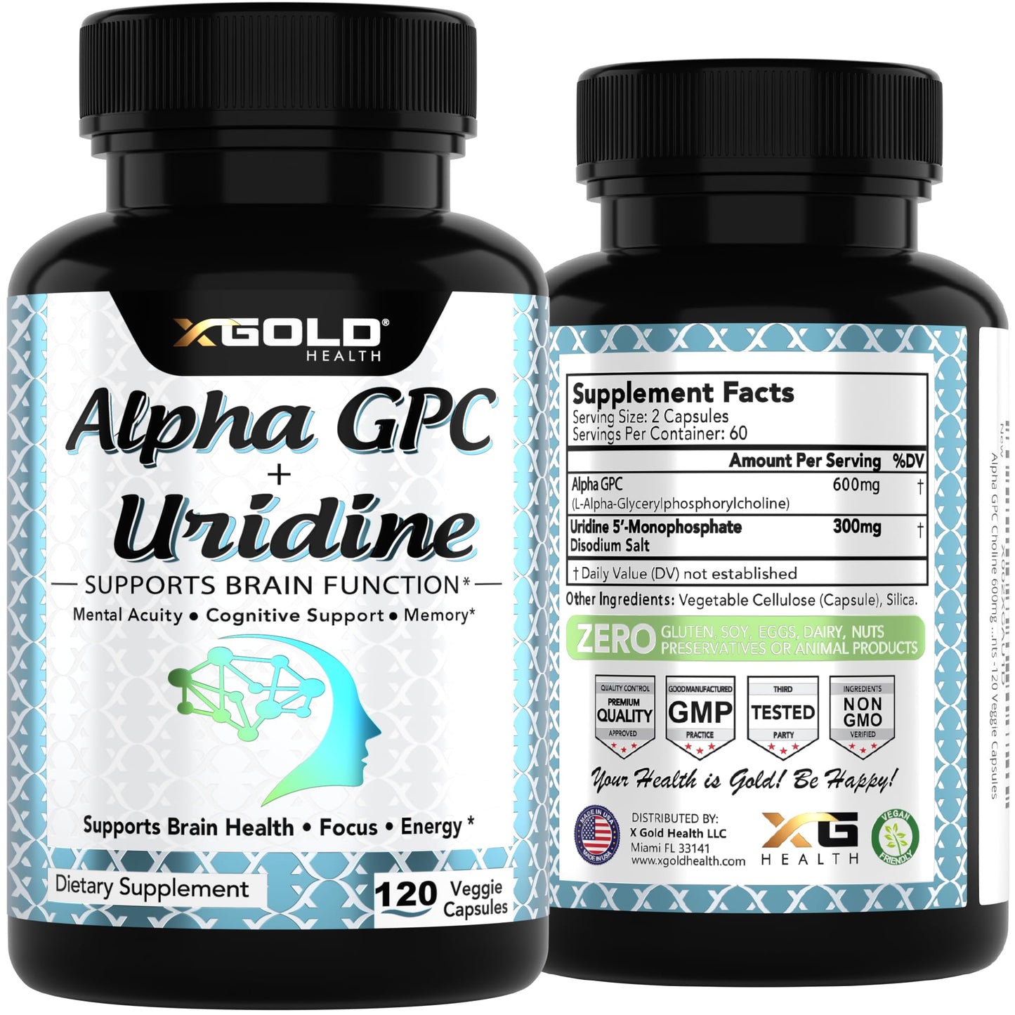 X Gold Health 900mg Nootropic supplement bottle in lifestyle setting.
