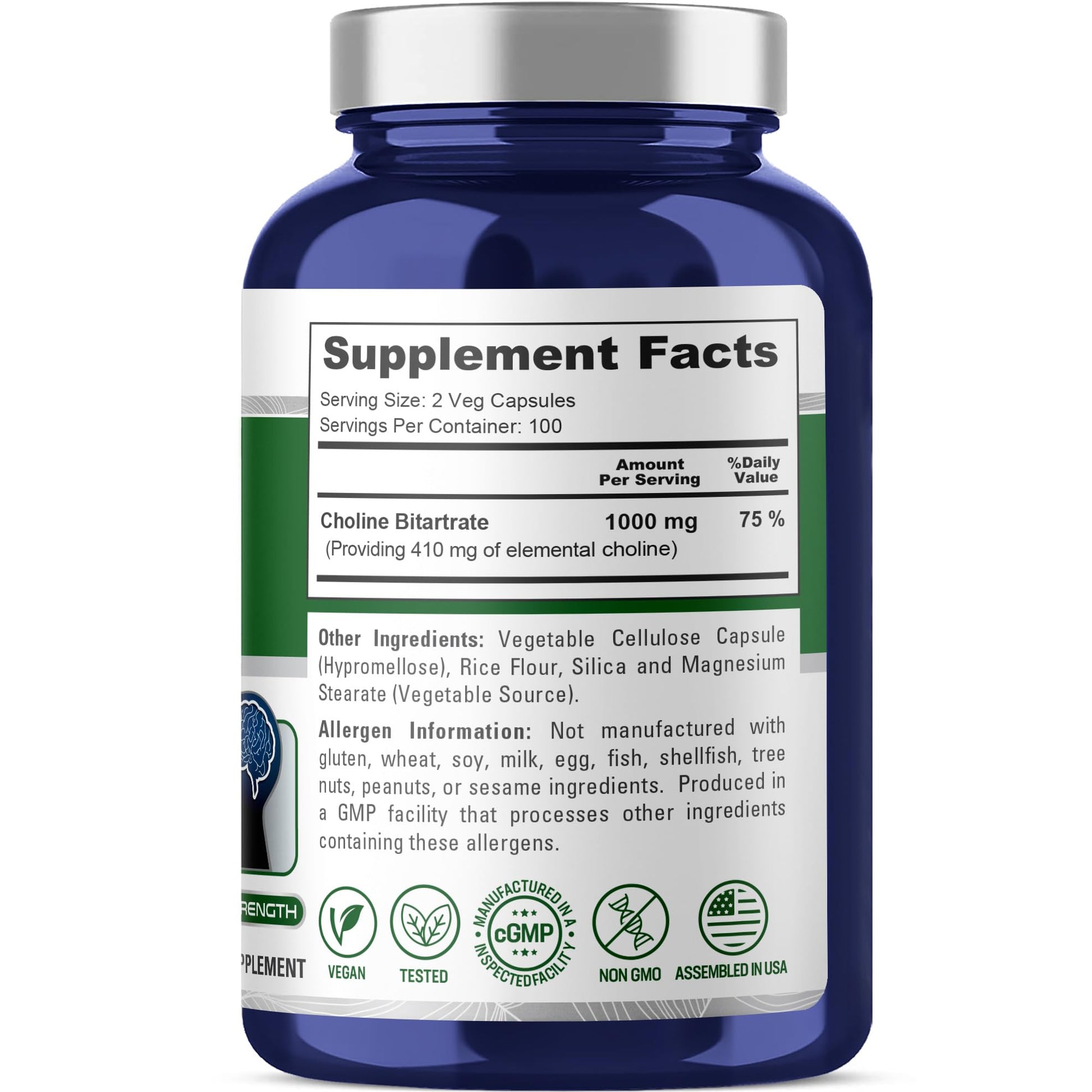 Side view of NusaPure Choline Bitartrate veggie capsules bottle