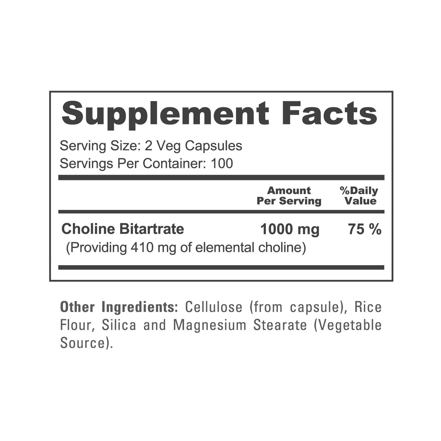 Close up of 1000mg Choline Bitartrate supplement bottle