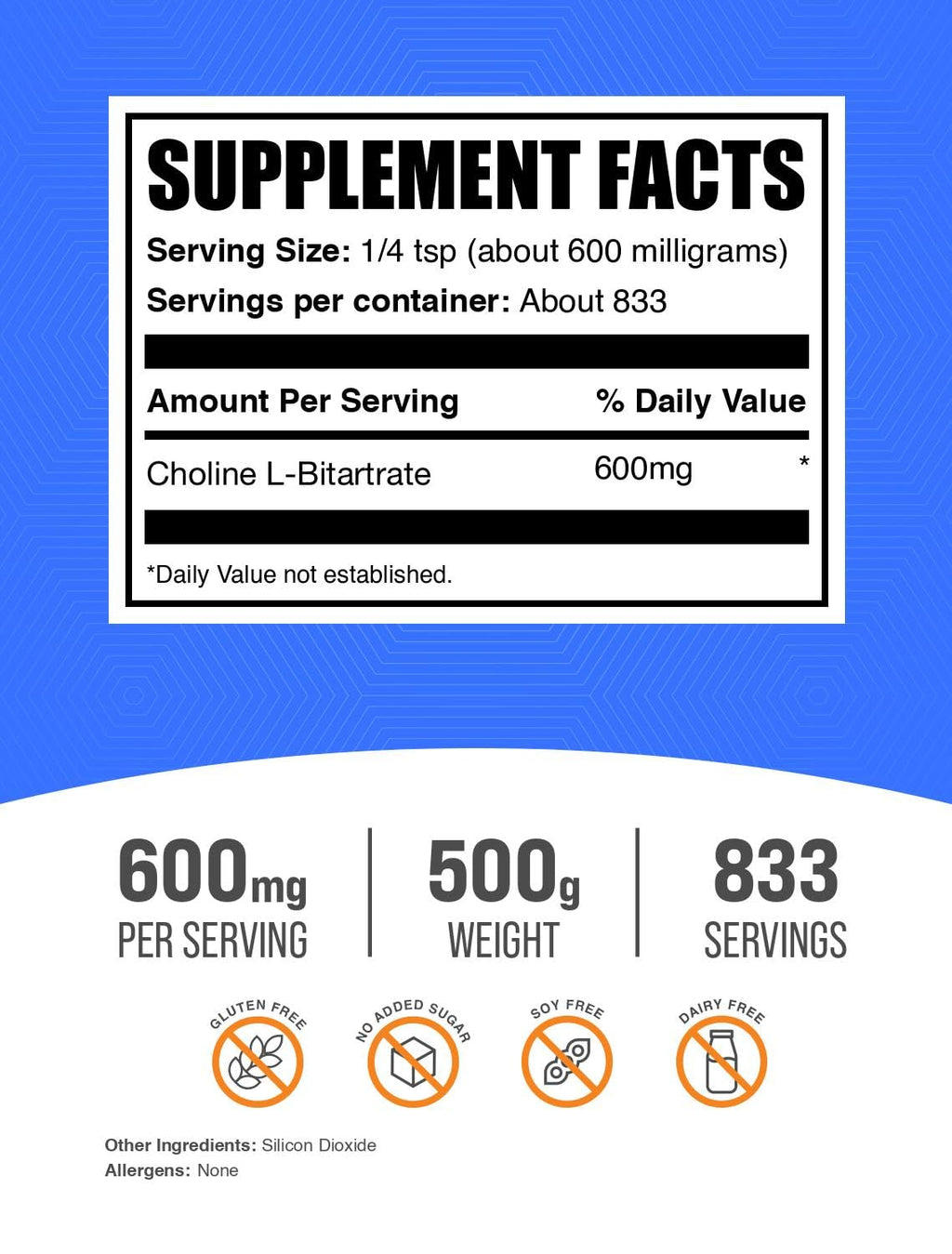 BulkSupplements Choline Bitartrate Powder supplement facts label