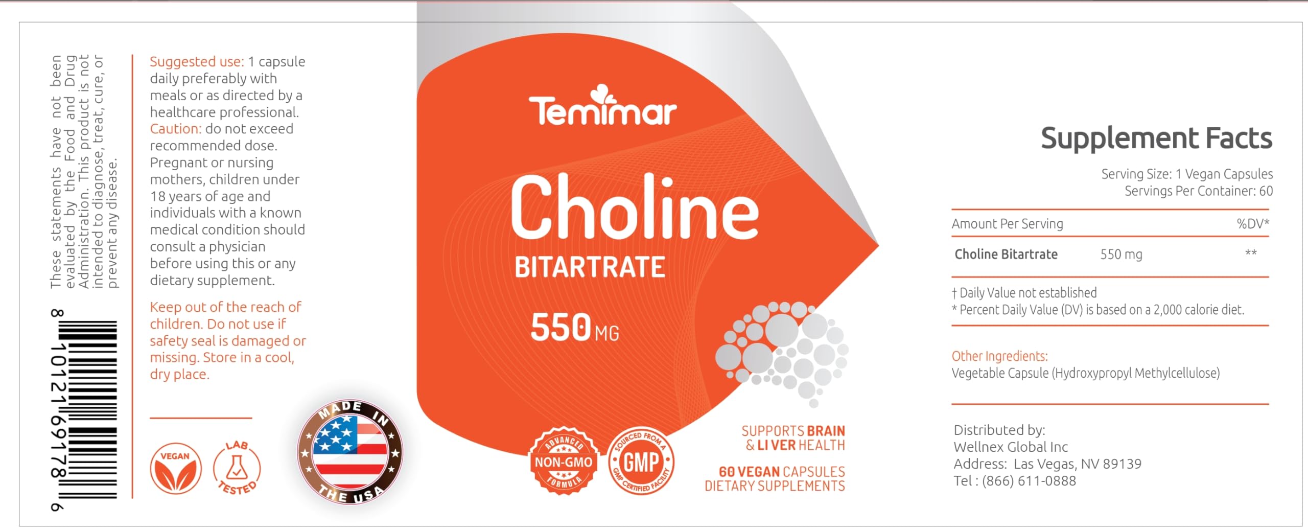 Temimar liver and brain support supplement label showing ingredient details