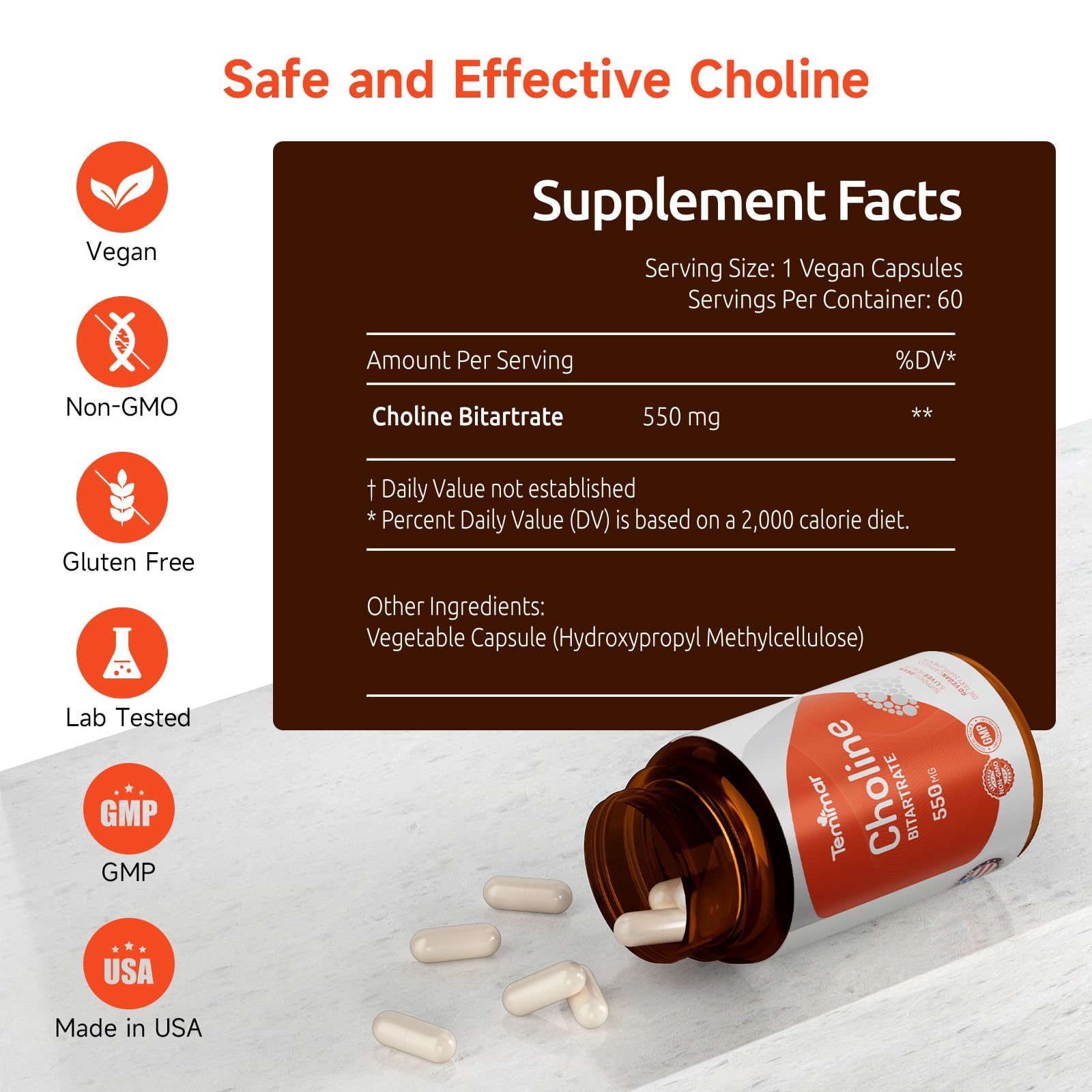 Back view of Temimar choline bitartrate dietary supplement bottle