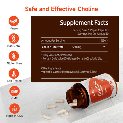 Back view of Temimar choline bitartrate dietary supplement bottle