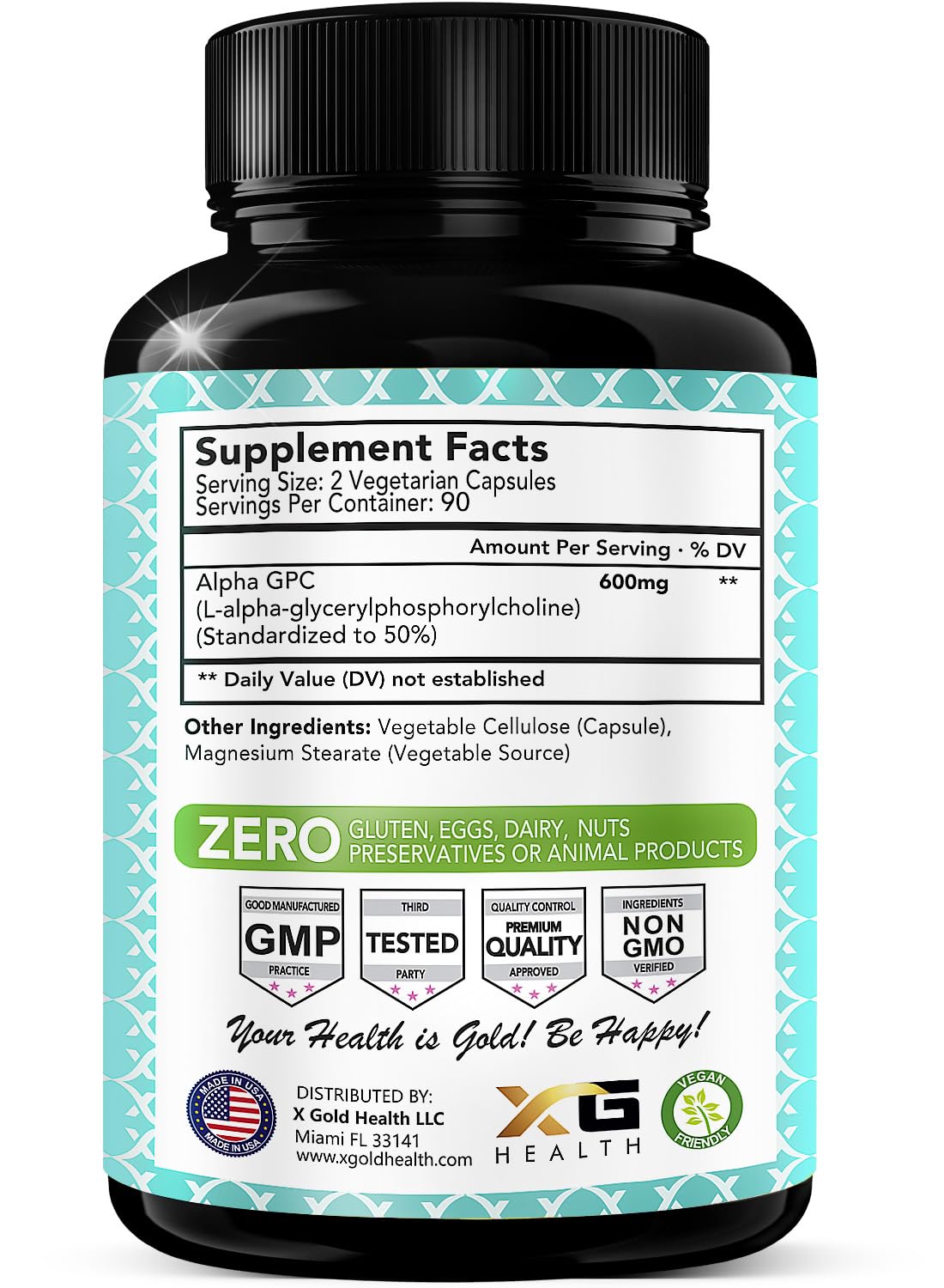 X Gold Health Alpha GPC supplement bottle label details