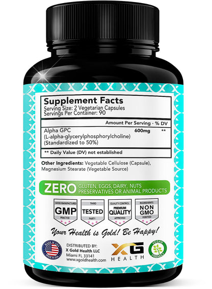 X Gold Health Alpha GPC supplement bottle label details