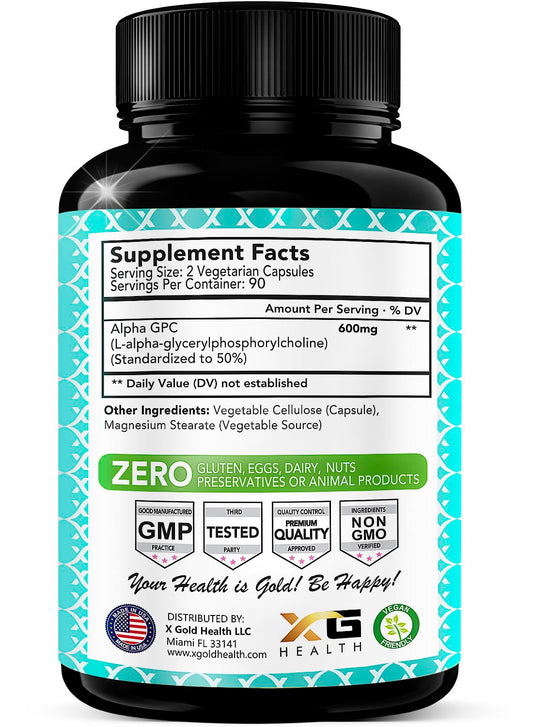 X Gold Health Alpha GPC supplement bottle label details