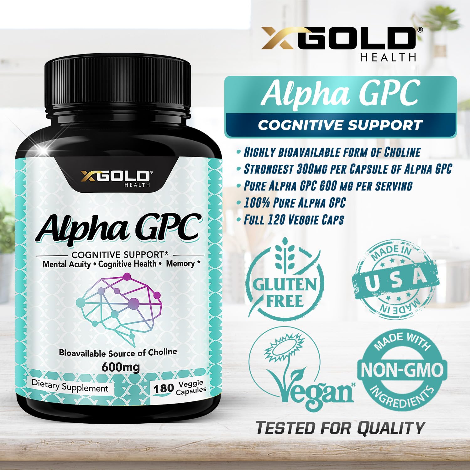 Back of X Gold Health Alpha GPC bottle showing ingredients