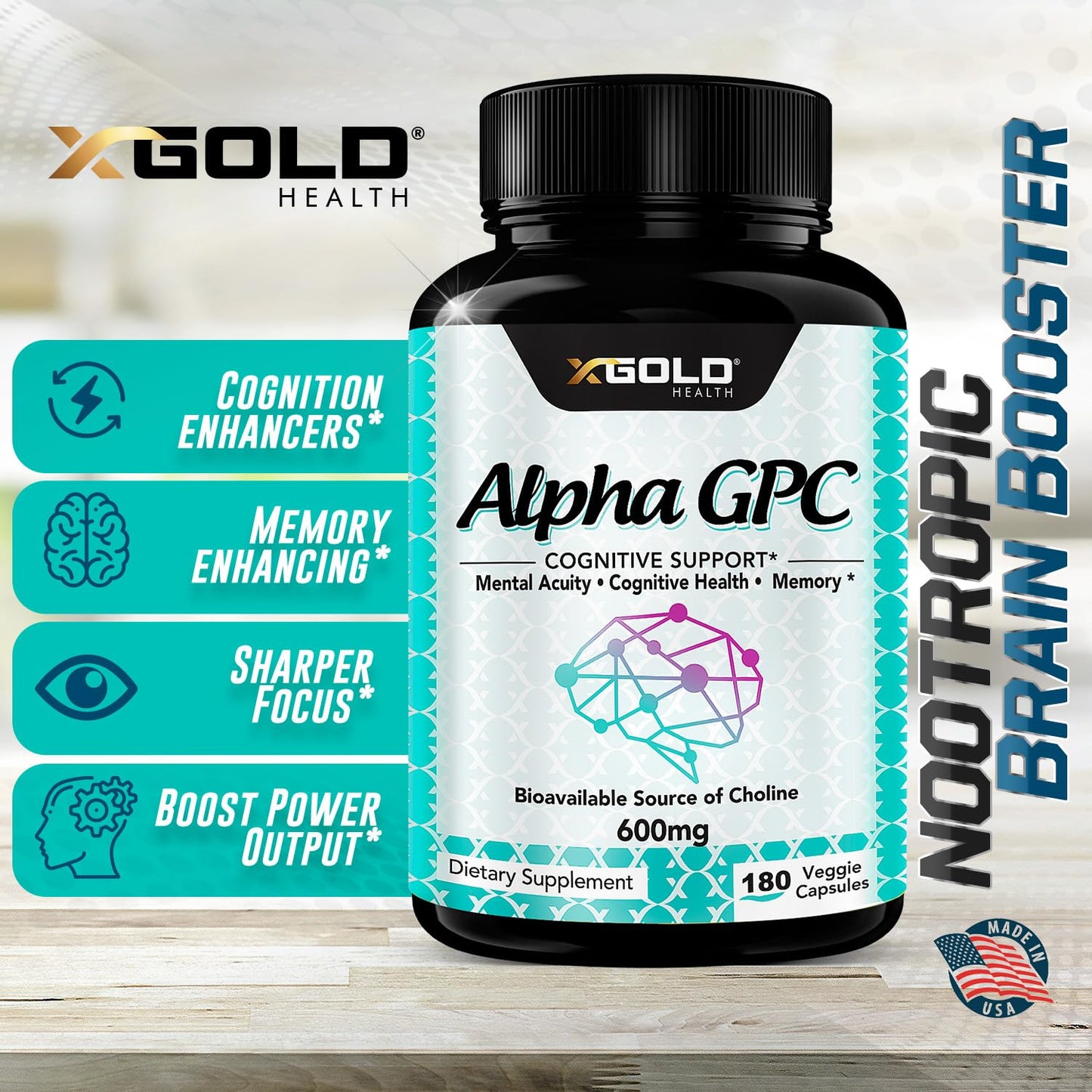 Close up of X Gold Health Alpha GPC 600mg bottle packaging