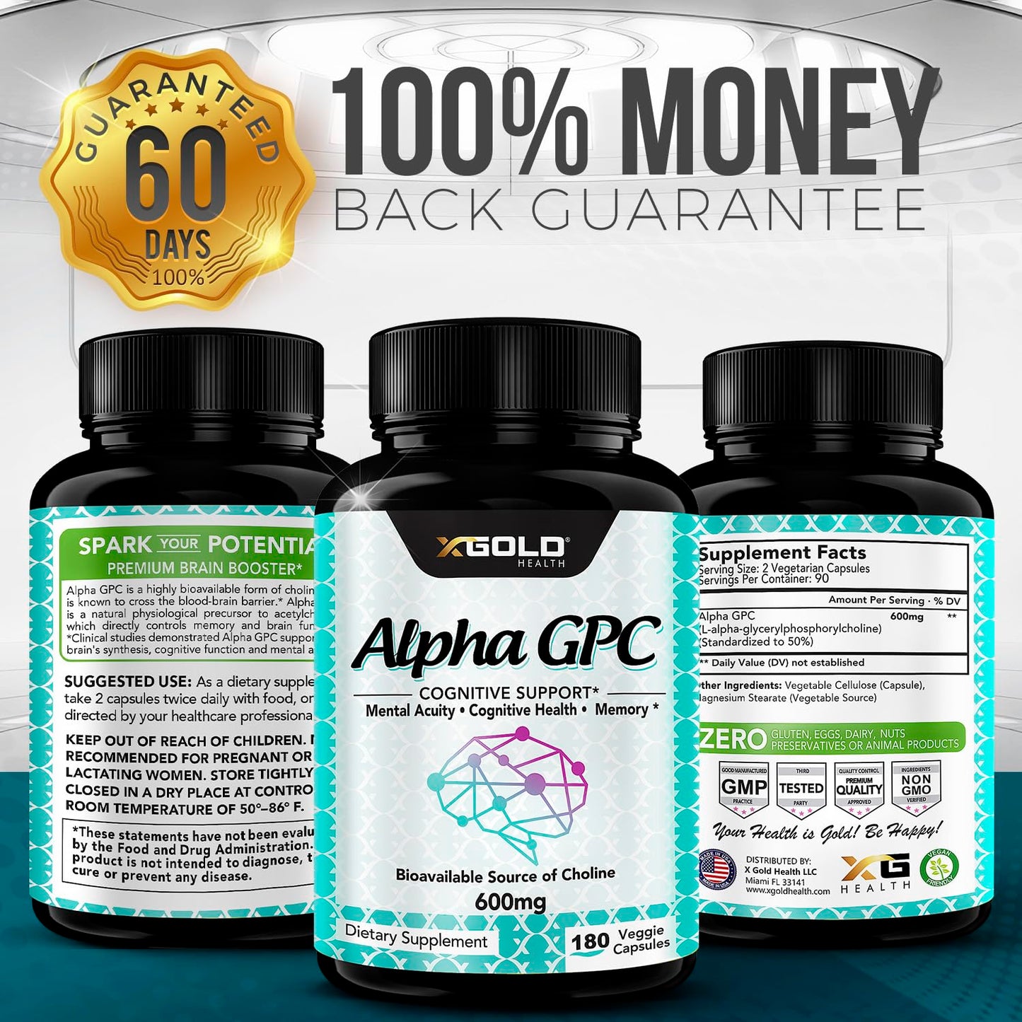 Authentic X Gold Health Alpha GPC nootropic supplement bottle