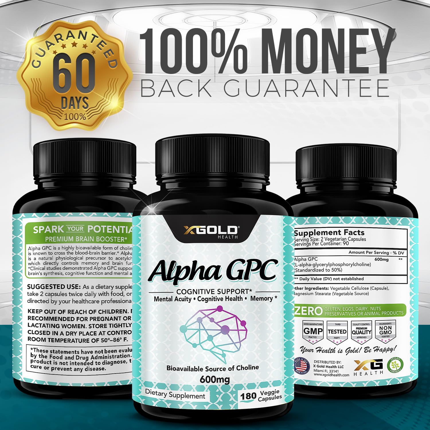 Authentic X Gold Health Alpha GPC nootropic supplement bottle