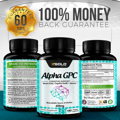 Authentic X Gold Health Alpha GPC nootropic supplement bottle