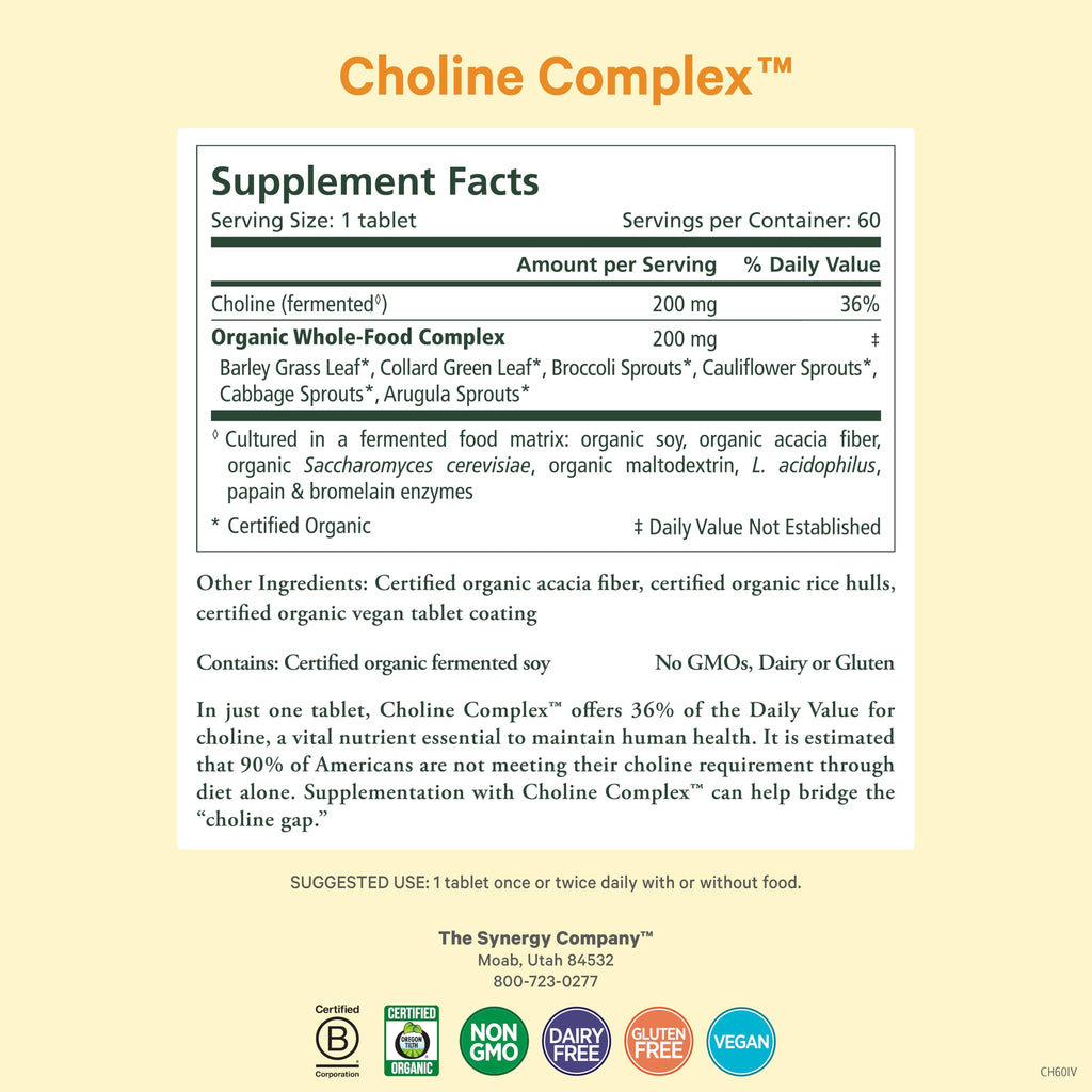 Pure Synergy Choline Complex supplement facts and organic ingredients label