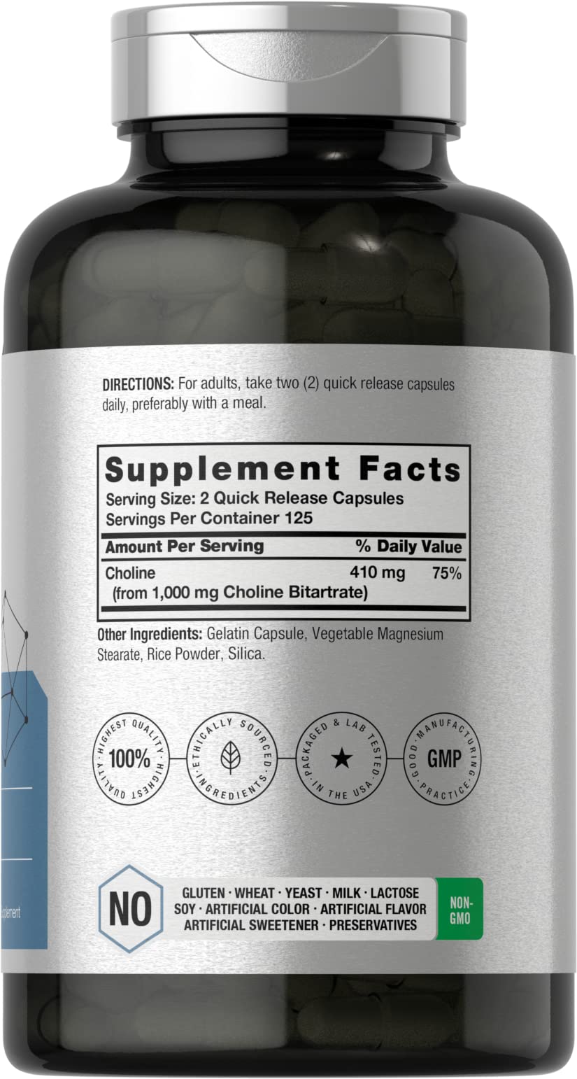 Horbaach Choline Bitartrate bottle nutritional label details
