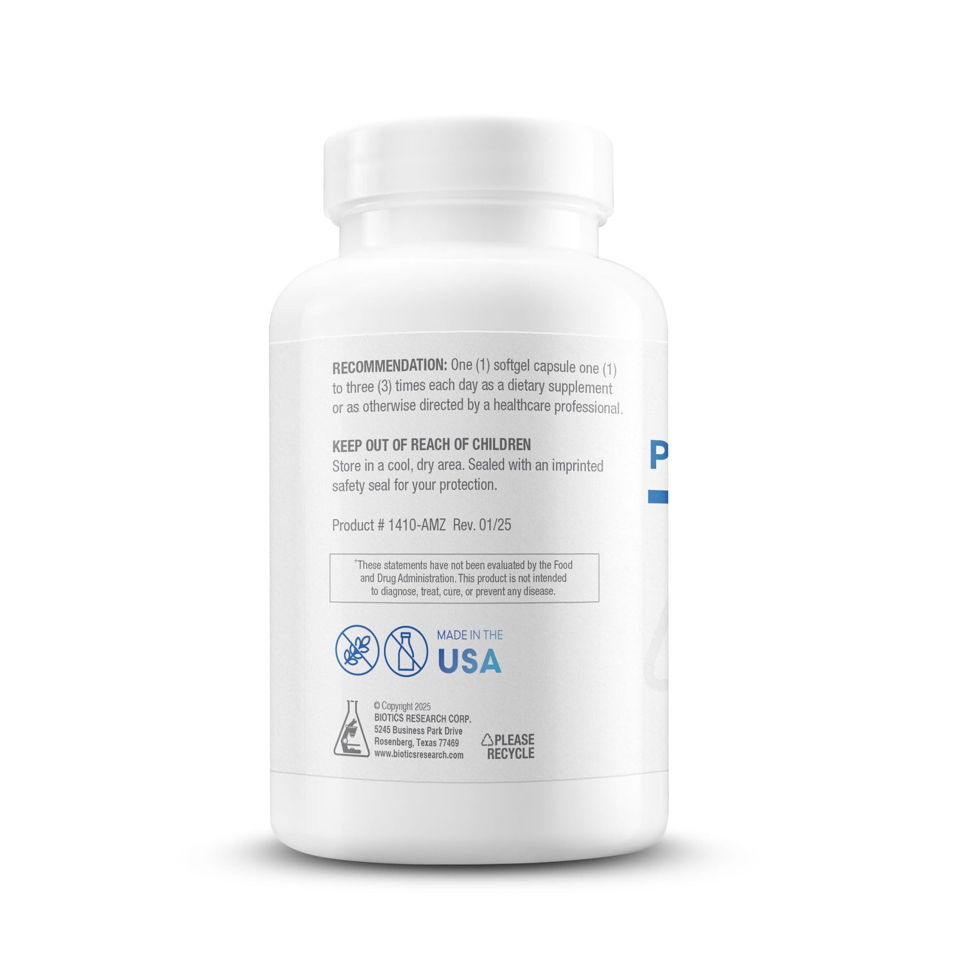 Side profile of Biotics Research Phosphatidylcholine supplement bottle