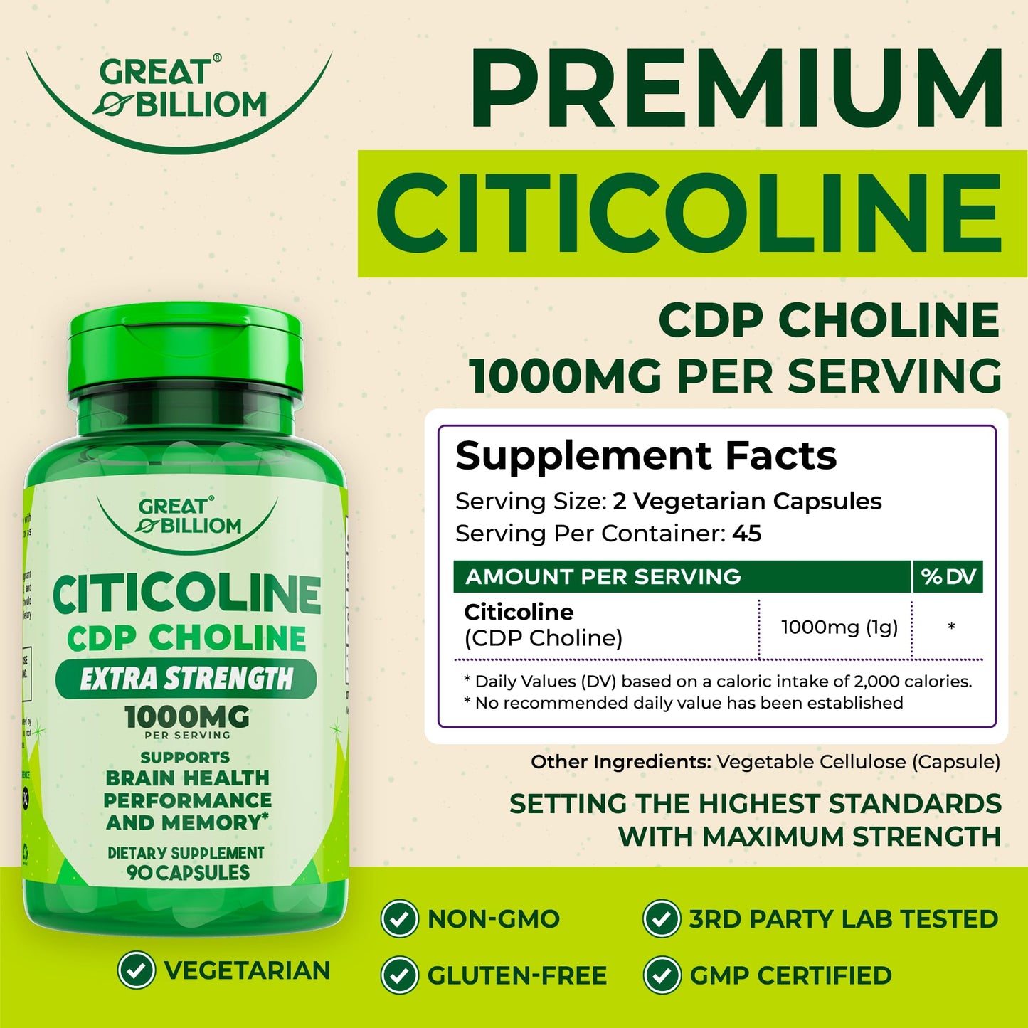 Back of Great Billiom Citicoline bottle showing supplement facts
