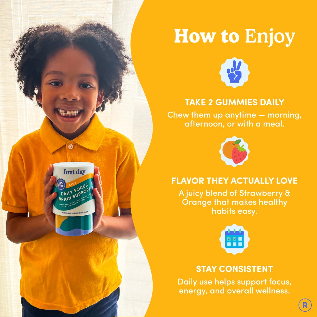 First Day kids attention and calm support supplement for school and study focus
