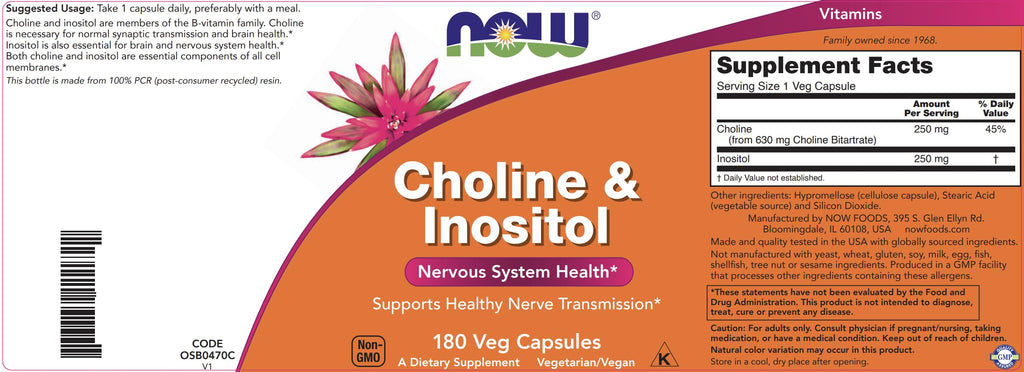 Now Foods Choline and Inositol 250mg supplement facts label
