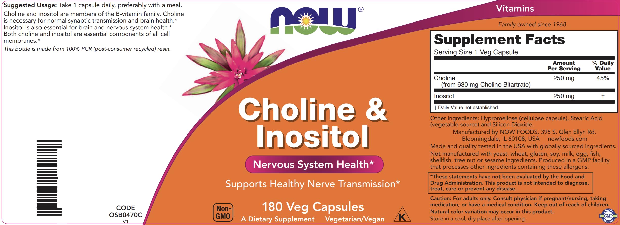 Now Foods Choline and Inositol 250mg supplement facts label
