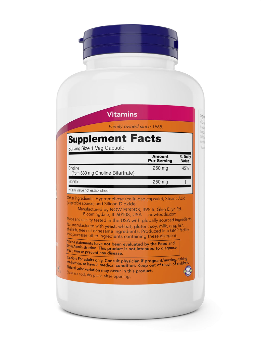 Back side of Now Foods Choline and Inositol bottle showing dosage instructions