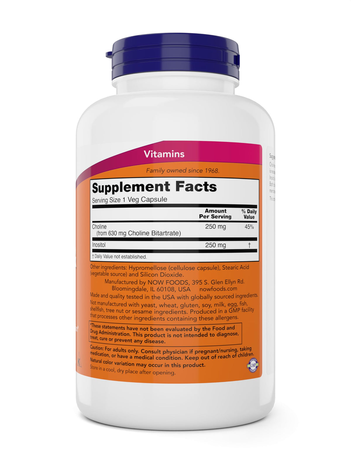 Back side of Now Foods Choline and Inositol bottle showing dosage instructions
