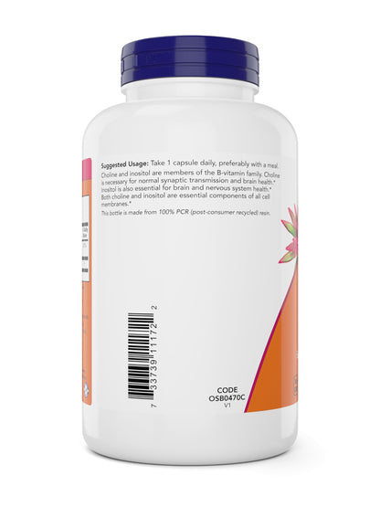 Side view of 180 count Now Foods Choline and Inositol dietary supplement