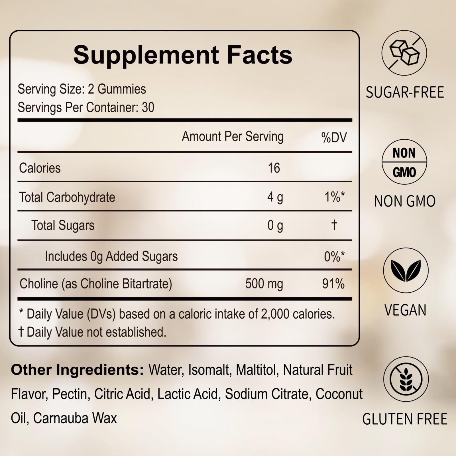 Hfeliz Choline Gummies 60 count bottle label details