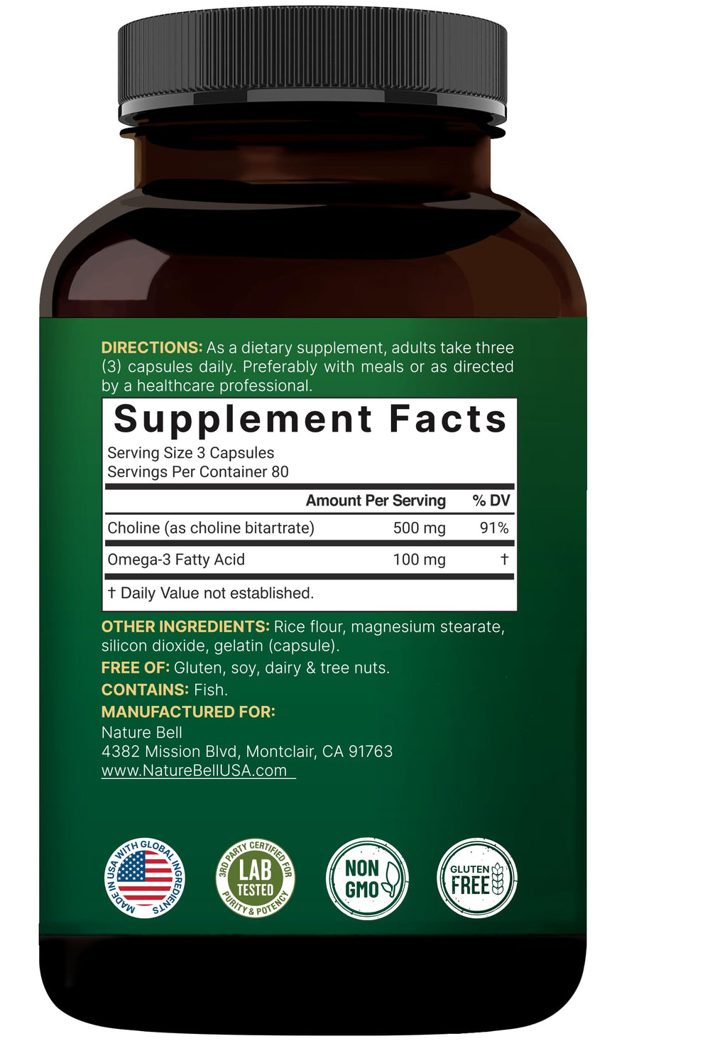 NatureBell Choline 500mg with Omega-3 240 count bottle