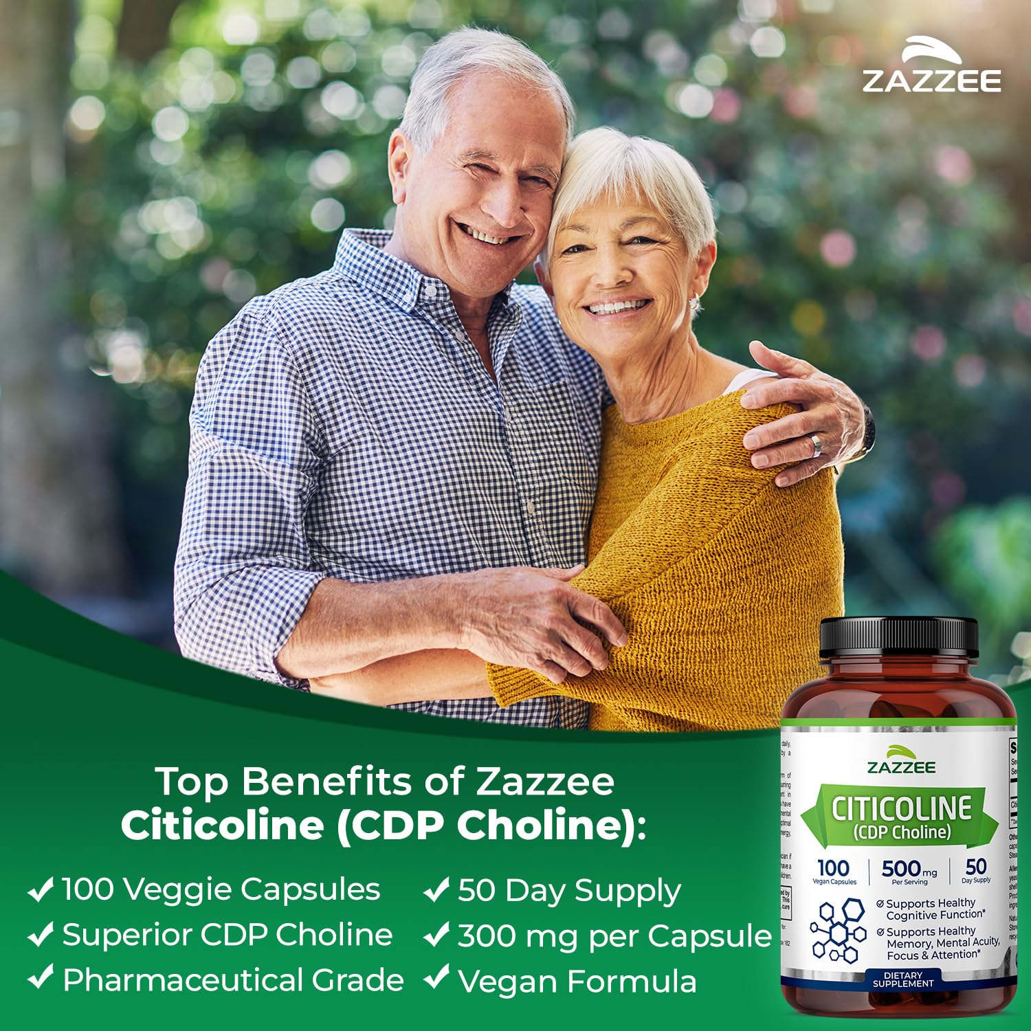 Zazzee Citicoline 100 vegan capsules supplement facts label