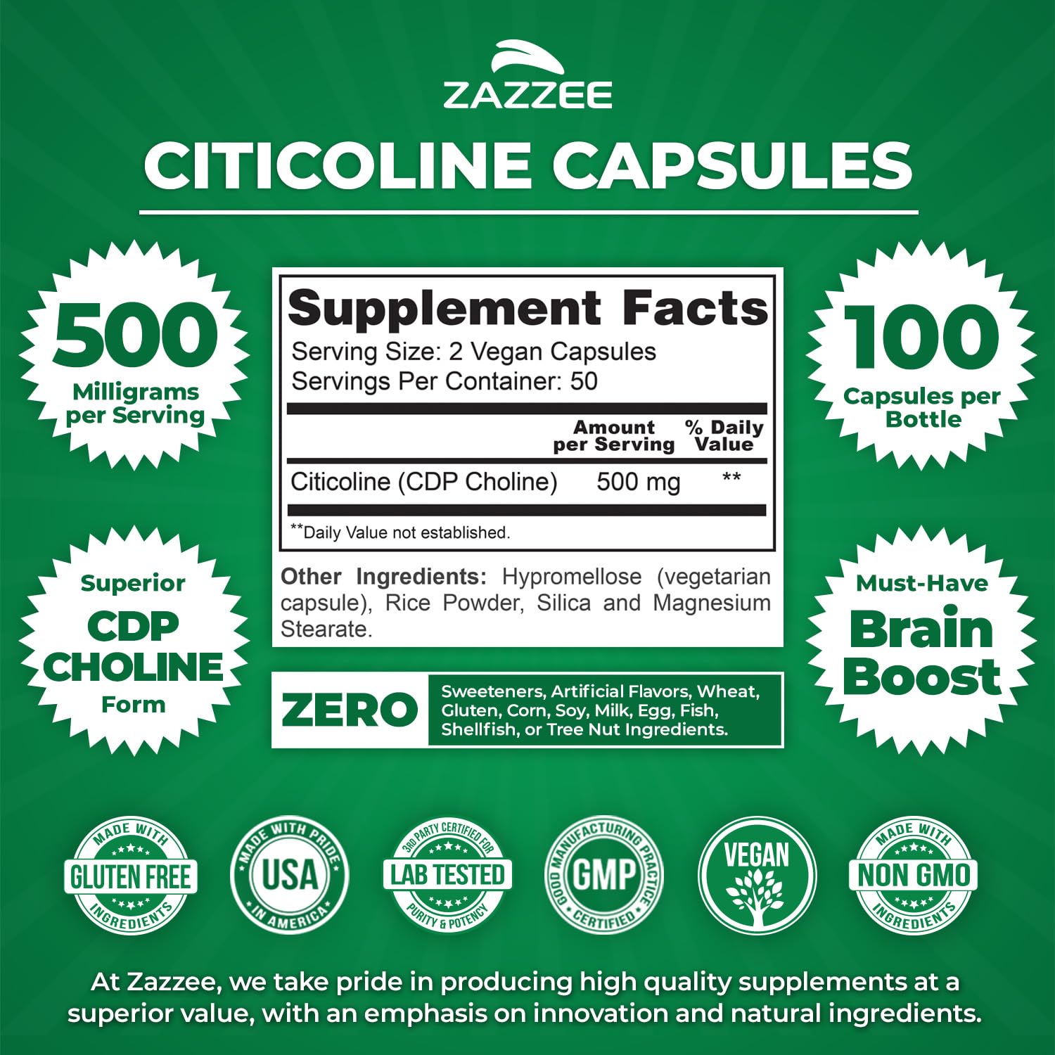 Zazzee Extra Strength CDP Choline side view showing dosage