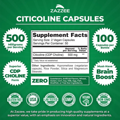 Zazzee Extra Strength CDP Choline side view showing dosage