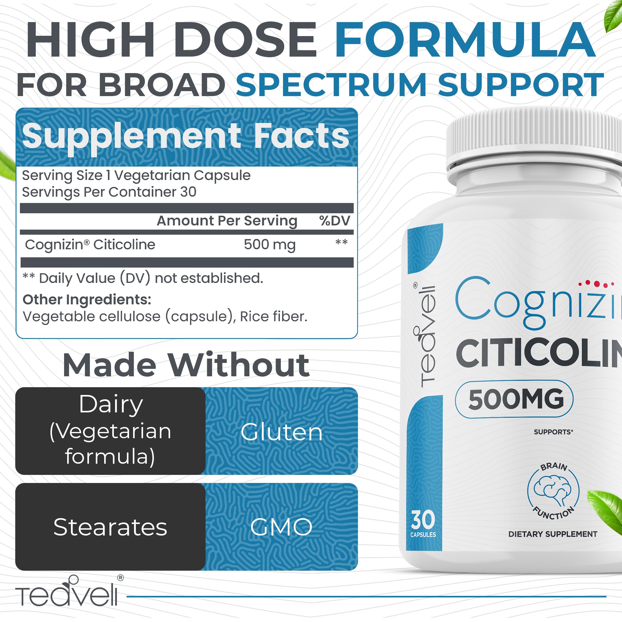 Teaveli Cognizin Citicoline bottle showing high dosage 500mg label