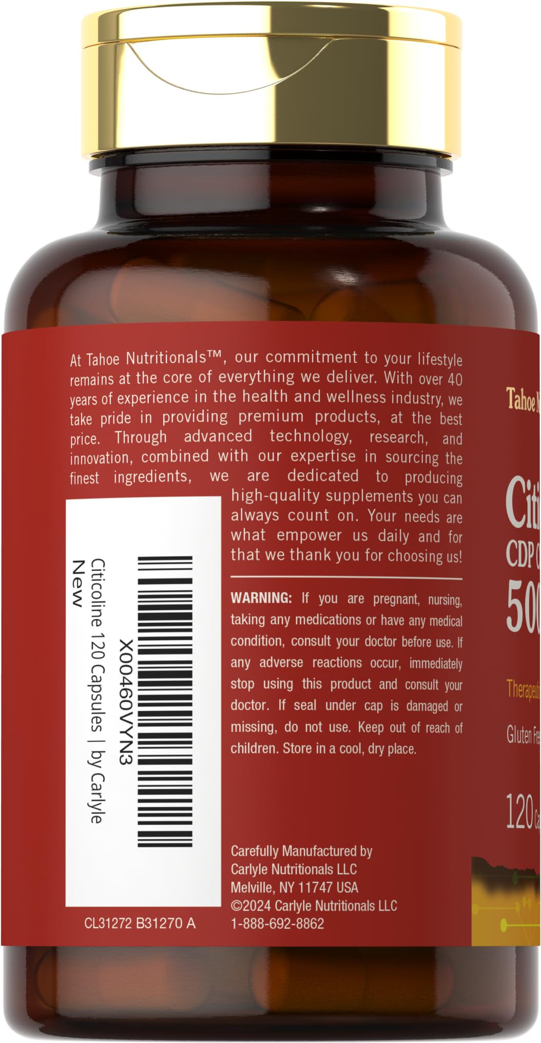 Side view of Tahoe Nutritionals Citicoline supplement bottle