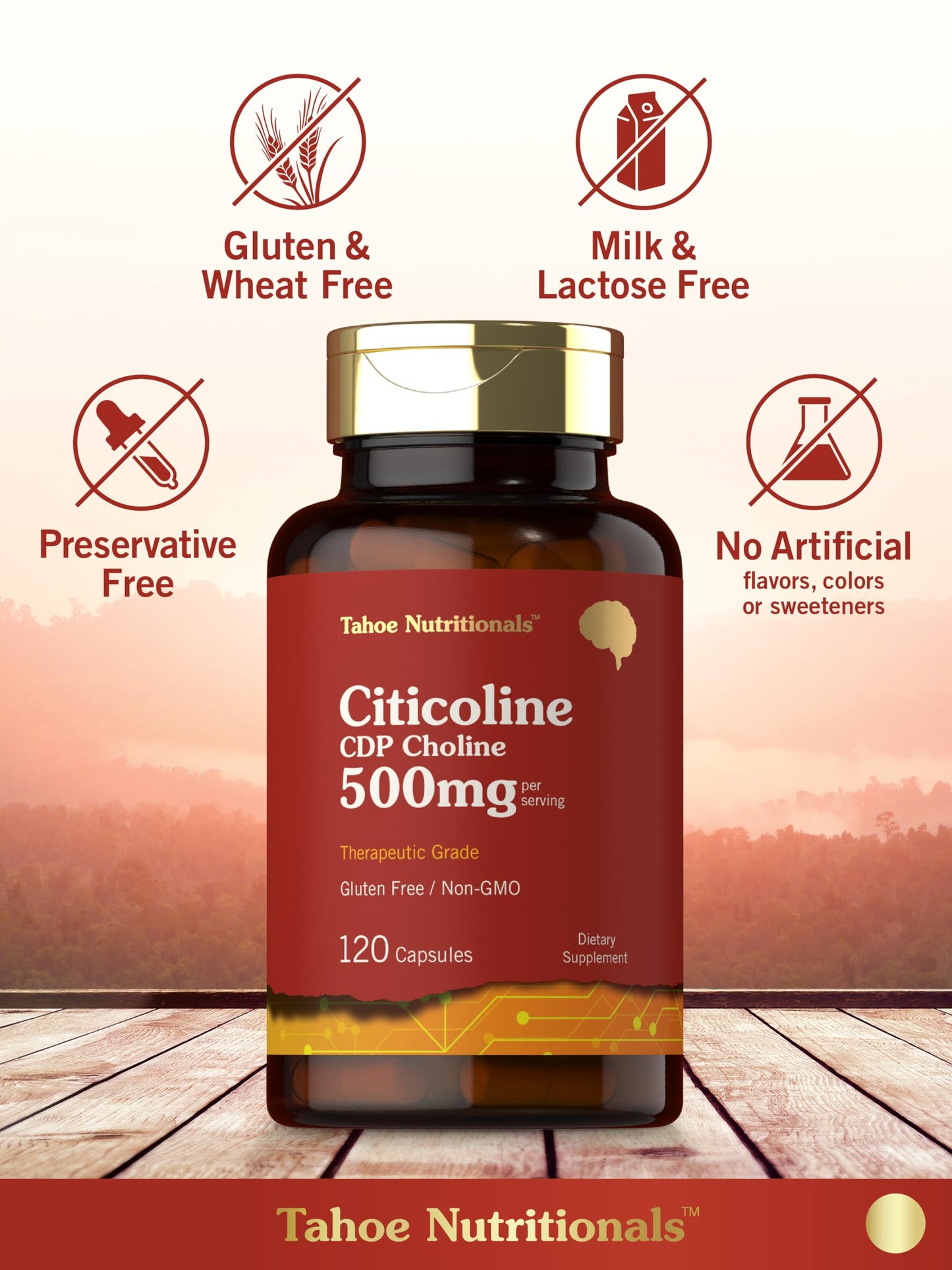 Close up of Tahoe Nutritionals Citicoline non-GMO label